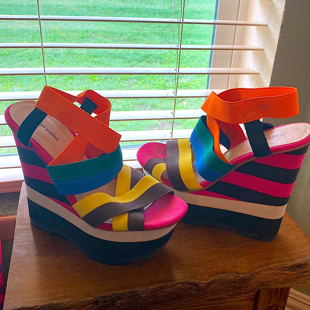 Zigi Soho Multicolor Striped Wedge Sandals - Orange, Pink, Yellow, Blue, Black